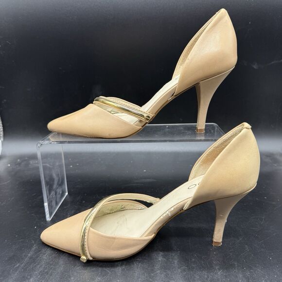 ALDO Pointed Toe Beige Pump Heel Womens Size 6.5 Gold Trim - Picture 2 of 10